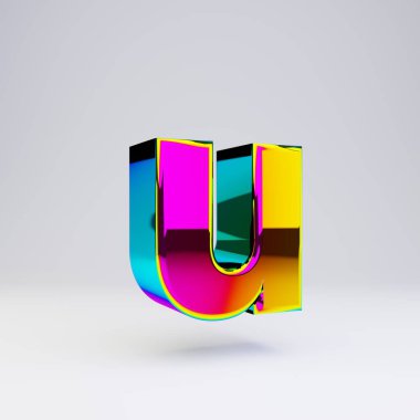 Holografik 3d harf U küçük harf. Çok renkli yansımaları ve beyaz arka planda izole gölge ile parlak yazı tipi.