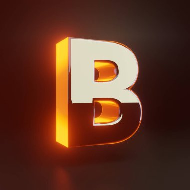 3d b harfi büyük harf. Siyah arka plan üzerinde izole turuncu ışıklar ile parlayan parlak metalik yazı tipi.