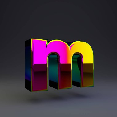 Holografik 3d harf M küçük harf. Siyah arka plan da yalıtılmış çok renkli yansımaları ve gölgesi olan parlak yazı tipi.