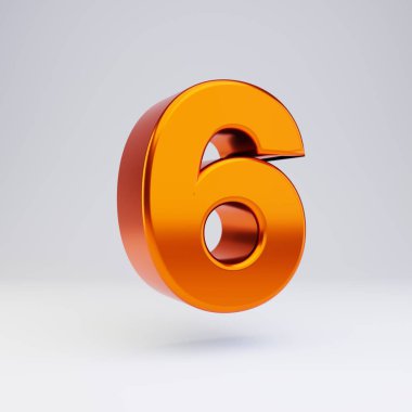 3d numara 6. Parlak yansımaları ve beyaz arka plan üzerinde izole gölge ile sıcak turuncu metalik yazı tipi.