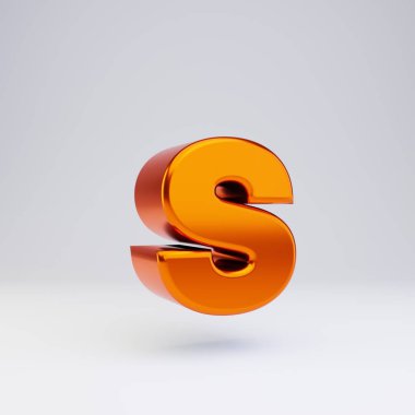 3d harf S küçük harf. Parlak yansımaları ve beyaz arka plan üzerinde izole gölge ile sıcak turuncu metalik yazı tipi.