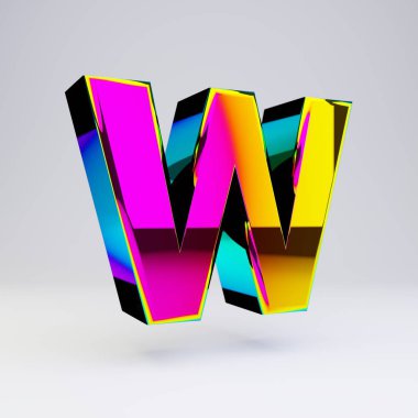 Holografik 3d w harfi büyük harf. Çok renkli yansımaları ve beyaz arka planda izole gölge ile parlak yazı tipi.