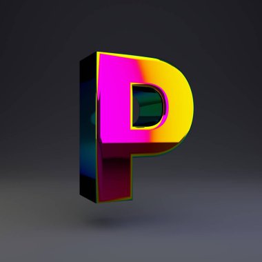 Holografik 3d harf Liyagya. Siyah arka plan da yalıtılmış çok renkli yansımaları ve gölgesi olan parlak yazı tipi.