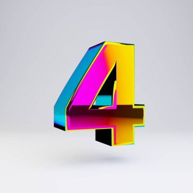 Holografik 3d sayı 4. Çok renkli yansımaları ve beyaz arka planda izole gölge ile parlak yazı tipi.