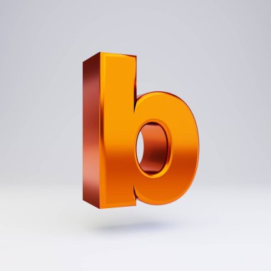3d b harfi küçük harf. Parlak yansımaları ve beyaz arka plan üzerinde izole gölge ile sıcak turuncu metalik yazı tipi.