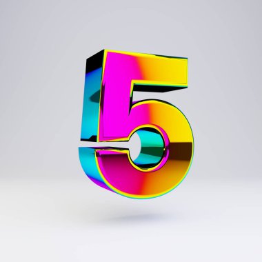 Holografik 3d sayı 5. Çok renkli yansımaları ve beyaz arka planda izole gölge ile parlak yazı tipi.