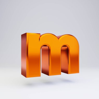 3d harf M küçük harf. Parlak yansımaları ve beyaz arka plan üzerinde izole gölge ile sıcak turuncu metalik yazı tipi.