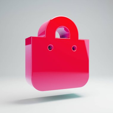 Beyaz arka planda izole hacimsel parlak sıcak pembe Alışveriş Çantası simgesi.