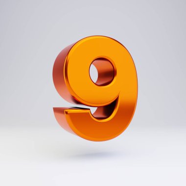 3d numara 9. Parlak yansımaları ve beyaz arka plan üzerinde izole gölge ile sıcak turuncu metalik yazı tipi.