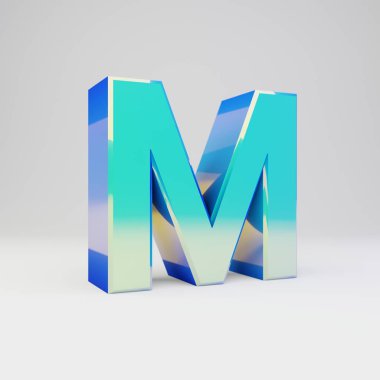 Gökyüzü mavisi 3d harf M büyük harf. Parlak yansımaları ve beyaz arka plan üzerinde izole gölge ile metal yazı tipi.