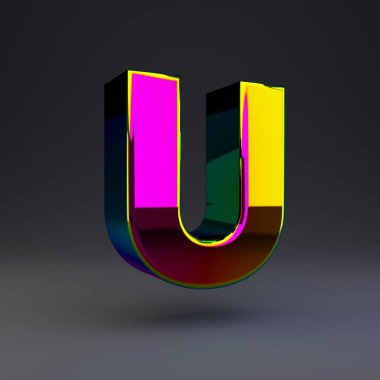 Holografik 3d harf U büyük harf. Siyah arka plan da yalıtılmış çok renkli yansımaları ve gölgesi olan parlak yazı tipi.