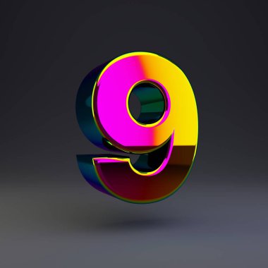 Holografik 3d 9 numara. Siyah arka plan da yalıtılmış çok renkli yansımaları ve gölgesi olan parlak yazı tipi.