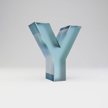 Buz 3d harfi Y büyük harf. Parlak yansımaları ve beyaz arka plan üzerinde izole gölge ile şeffaf buz yazı tipi.