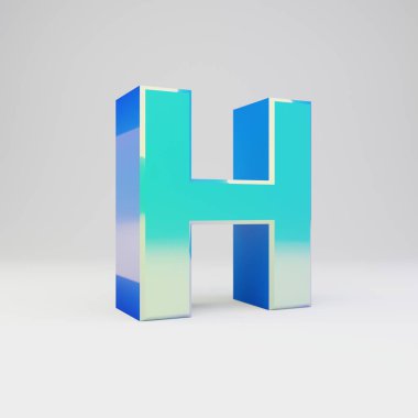 Gökyüzü mavisi 3d harfi H büyük harf. Parlak yansımaları ve beyaz arka plan üzerinde izole gölge ile metal yazı tipi.
