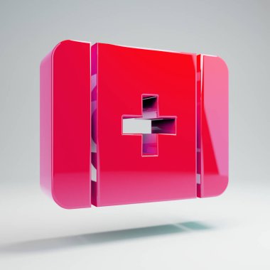 Beyaz arka plan üzerinde izole hacimsel parlak sıcak pembe İlk Yardım simgesi.