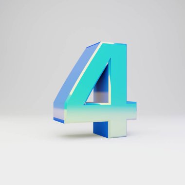 Gökyüzü mavisi 3d sayı 4. Parlak yansımaları ve beyaz arka plan üzerinde izole gölge ile metal yazı tipi.