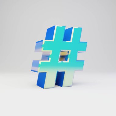 Gökyüzü mavisi 3d hashtag sembolü. Parlak yansımaları ve beyaz arka plan üzerinde izole gölge ile metal yazı tipi.