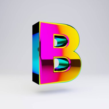 Holografik 3d b harfi büyük harf. Çok renkli yansımaları ve beyaz arka planda izole gölge ile parlak yazı tipi.