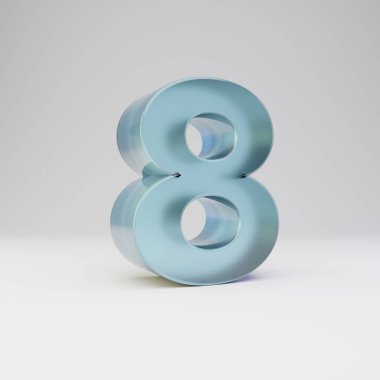 Buz 3d sayısı 8. Parlak yansımaları ve beyaz arka plan üzerinde izole gölge ile şeffaf buz yazı tipi.