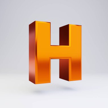3d harfi H büyük harf. Parlak yansımaları ve beyaz arka plan üzerinde izole gölge ile sıcak turuncu metalik yazı tipi.