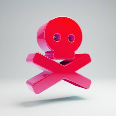 Beyaz arka plan üzerinde izole hacimsel parlak sıcak pembe Skull Crossbones simgesi.