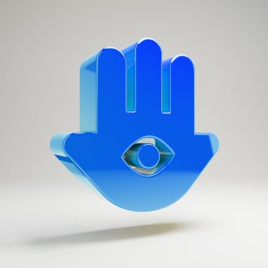 Beyaz arka planda izole hacimsel parlak mavi Hamsa simgesi.