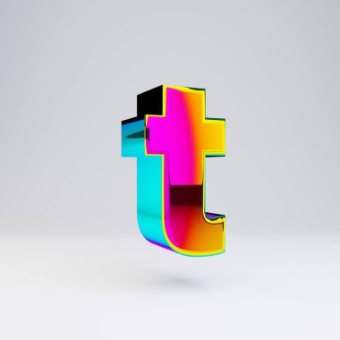 Holografik 3d harf T küçük harf. Çok renkli yansımaları ve beyaz arka planda izole gölge ile parlak yazı tipi.