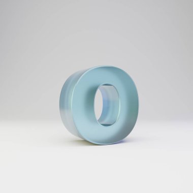 Buz 3d harf O küçük harf. Parlak yansımaları ve beyaz arka plan üzerinde izole gölge ile şeffaf buz yazı tipi.