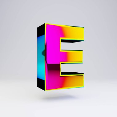 Holografik 3d e harfi büyük harf. Çok renkli yansımaları ve beyaz arka planda izole gölge ile parlak yazı tipi.