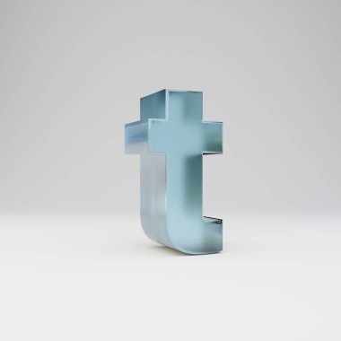 Buz 3d harf T küçük harf. Parlak yansımaları ve beyaz arka plan üzerinde izole gölge ile şeffaf buz yazı tipi.