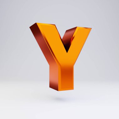 3d harfi Y büyük harf. Parlak yansımaları ve beyaz arka plan üzerinde izole gölge ile sıcak turuncu metalik yazı tipi.