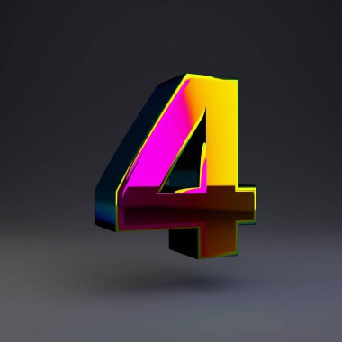 Holografik 3d sayı 4. Siyah arka plan da yalıtılmış çok renkli yansımaları ve gölgesi olan parlak yazı tipi.