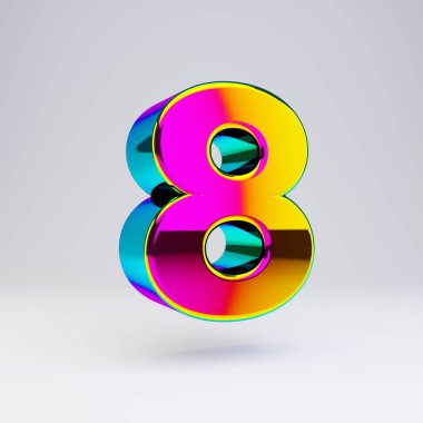Holografik 3d sayı 8. Çok renkli yansımaları ve beyaz arka planda izole gölge ile parlak yazı tipi.