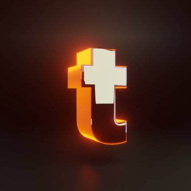 3d harf T küçük harf. Siyah arka plan üzerinde izole turuncu ışıklar ile parlayan parlak metalik yazı tipi.