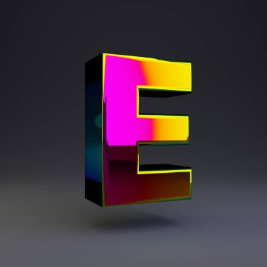 Holografik 3d e harfi büyük harf. Siyah arka plan da yalıtılmış çok renkli yansımaları ve gölgesi olan parlak yazı tipi.