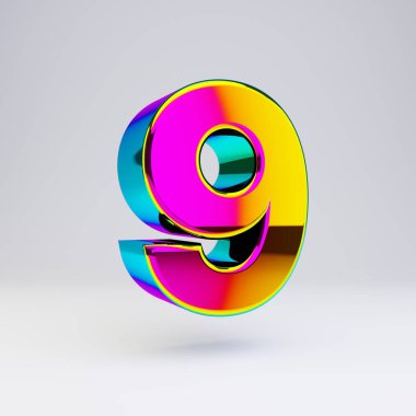 Holografik 3d 9 numara. Çok renkli yansımaları ve beyaz arka planda izole gölge ile parlak yazı tipi.