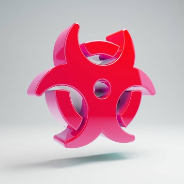 Beyaz arka planda izole hacimsel parlak sıcak pembe Biohazard simgesi.