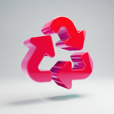 Beyaz arka planda izole hacimsel parlak sıcak pembe Geri dönüşüm simgesi.