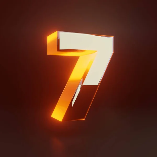 3D-nummer 7. Gloeiend glanzend metallic lettertype met oranje lampjes geïsoleerd op zwarte achtergrond. — Stockfoto
