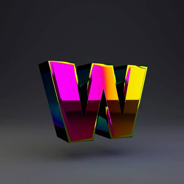 Holografische 3D letter W kleine letters. Glanzend lettertype met multicolor reflecties en schaduw geïsoleerd op zwarte achtergrond. — Stockfoto