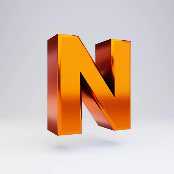 3D 문자 N 대문자. 흰색 배경에 광택 반사와 그림자가 있는 핫 오렌지 메탈릭 글꼴. — 스톡 사진