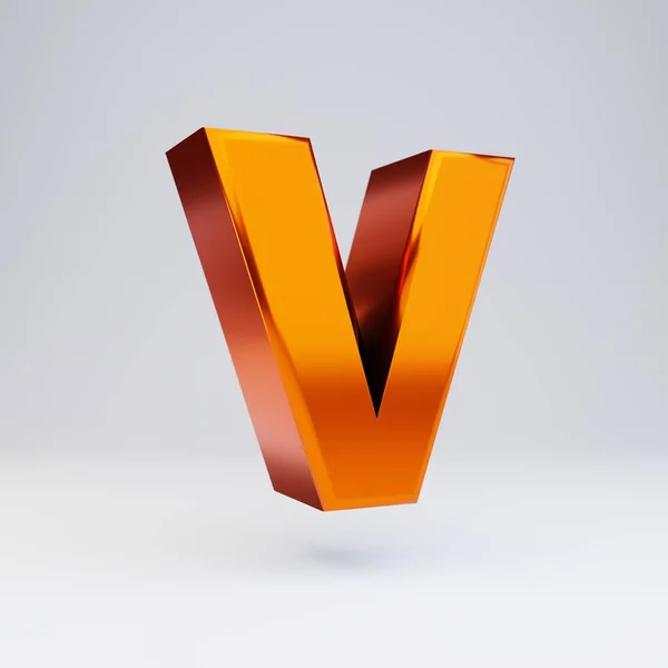 3D-s betűs V nagybetűs. Meleg narancssárga metálbetűtípus fényes tükröződésekkel és fehér háttérrel izolált árnyékkal. — Stock Fotó