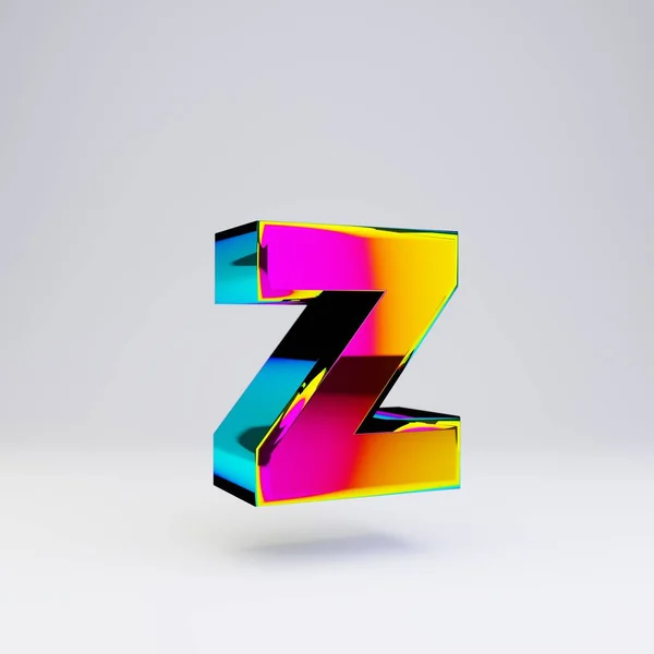 Holografisk 3D Letter Z gemener. Glansigt typsnitt med flerfärgade reflektioner och skugga isolerade på vit bakgrund. — Stockfoto