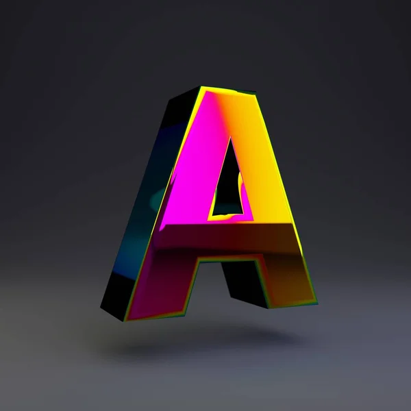 Holografische 3D letter A hoofdletters. Glanzend lettertype met multicolor reflecties en schaduw geïsoleerd op zwarte achtergrond. — Stockfoto