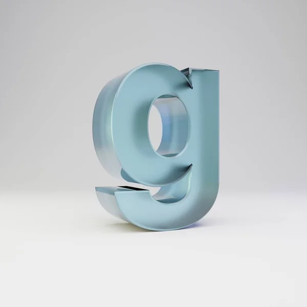 Ice 3D letter G kleine letters. Transparant ijs lettertype met glanzende reflecties en schaduw geïsoleerd op witte achtergrond. — Stockfoto