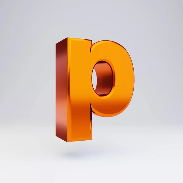 Litera 3D P małe litery. Gorąca pomarańczowa, metaliczna czcionka z błyszczącymi refleksami i cieniowanym białym tłem. — Zdjęcie stockowe