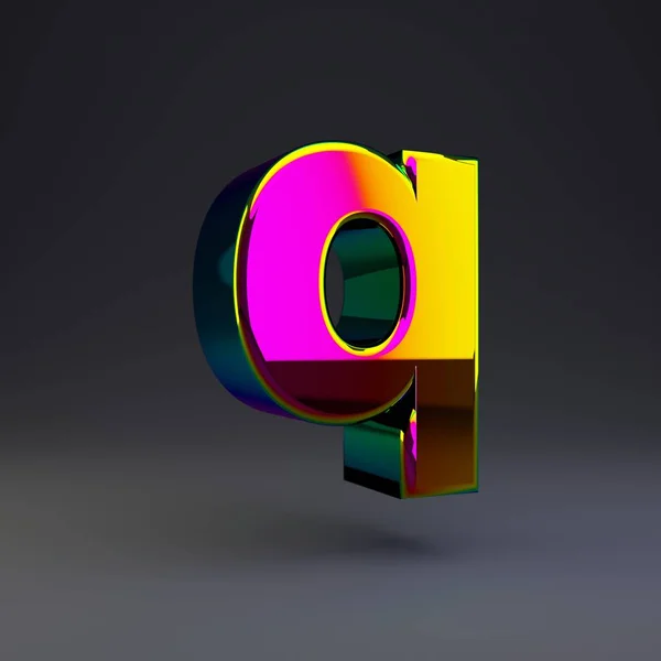 Holographique lettre 3d Q minuscule. Polices brillantes avec reflets multicolores et ombre isolée sur fond noir . — Photo