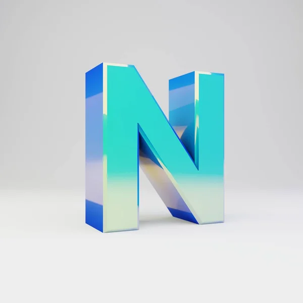 Hemelsblauw 3D letter N hoofdletters. Metalen lettertype met glanzende reflecties en schaduw geïsoleerd op witte achtergrond. — Stockfoto