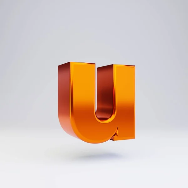 3D letter U kleine letters. Hete oranje metallic lettertype met glanzende reflecties en schaduw geïsoleerd op witte achtergrond. — Stockfoto