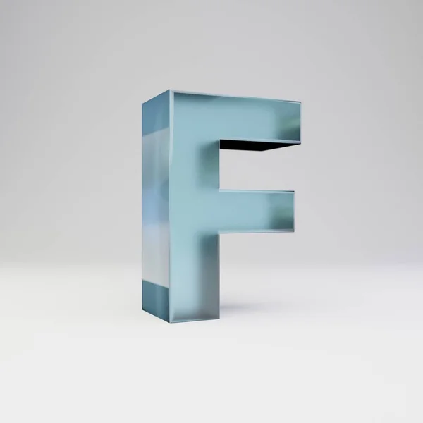 Ice 3D litera F wielkie litery. Przezroczysta czcionka lodu z błyszczącymi refleksami i cień na białym tle. — Zdjęcie stockowe